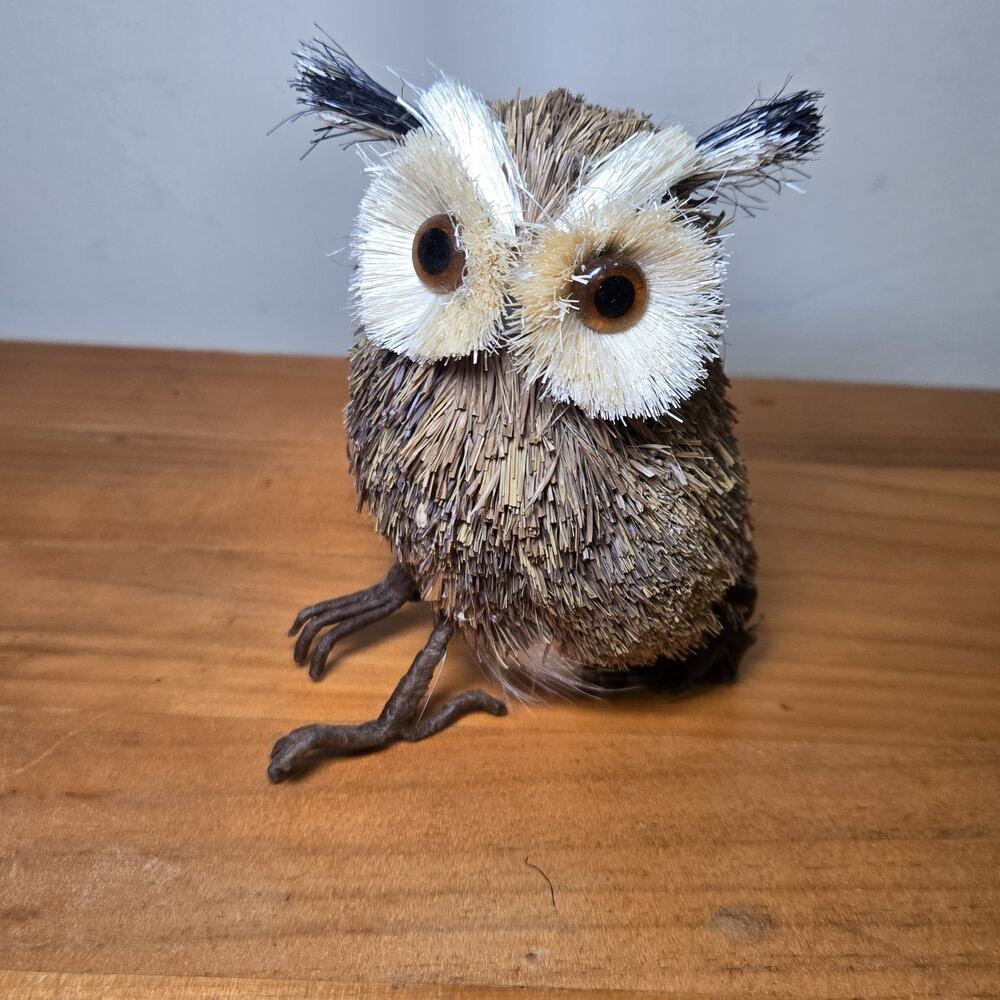 Rustic Wildlife 6”H Owl Figurine Pine Cones Twigs Straw Glass Eyes Faux Fur